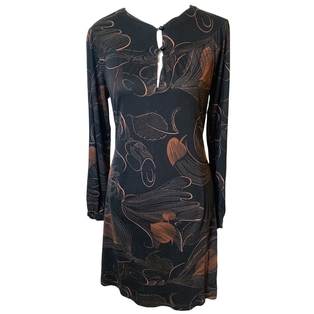 Park Vogel Abstract Leaf Print Black Brown Tie Waist Dress Size 2